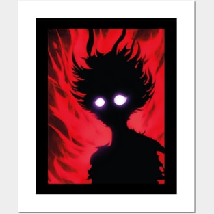 A red black shadow in an anime style with red eyes and flames behind it. Posters and Art